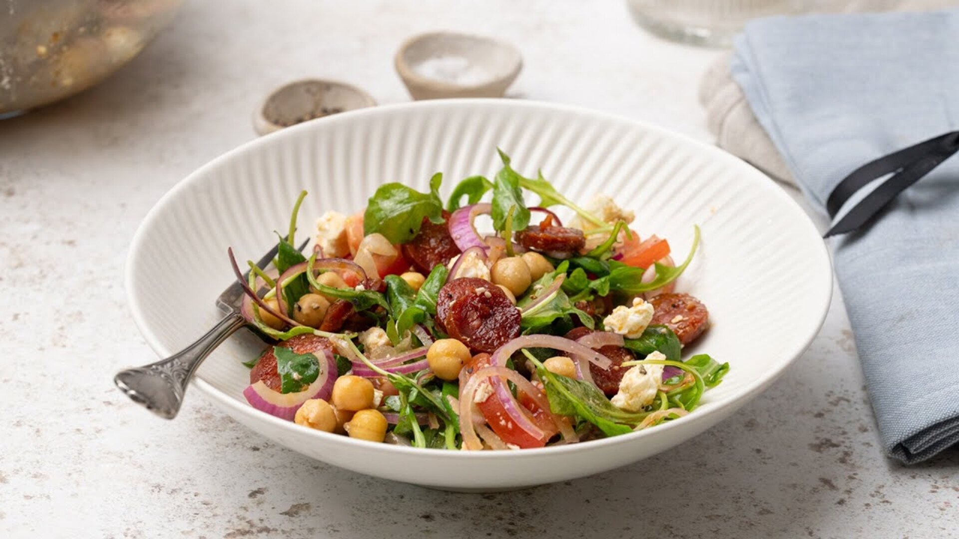 Video thumbnail for Chorizo Chickpea Salad With Feta Recipe