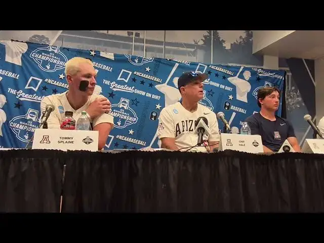 'Video thumbnail for Arizona's Tommy Spaine, Coach Chip Hale and closer Tony Pluta after win over #UNC'