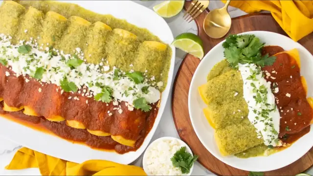 'Video thumbnail for This Seafood Enchiladas Divorciadas Recipe Will Ruin All Other Enchiladas For You'