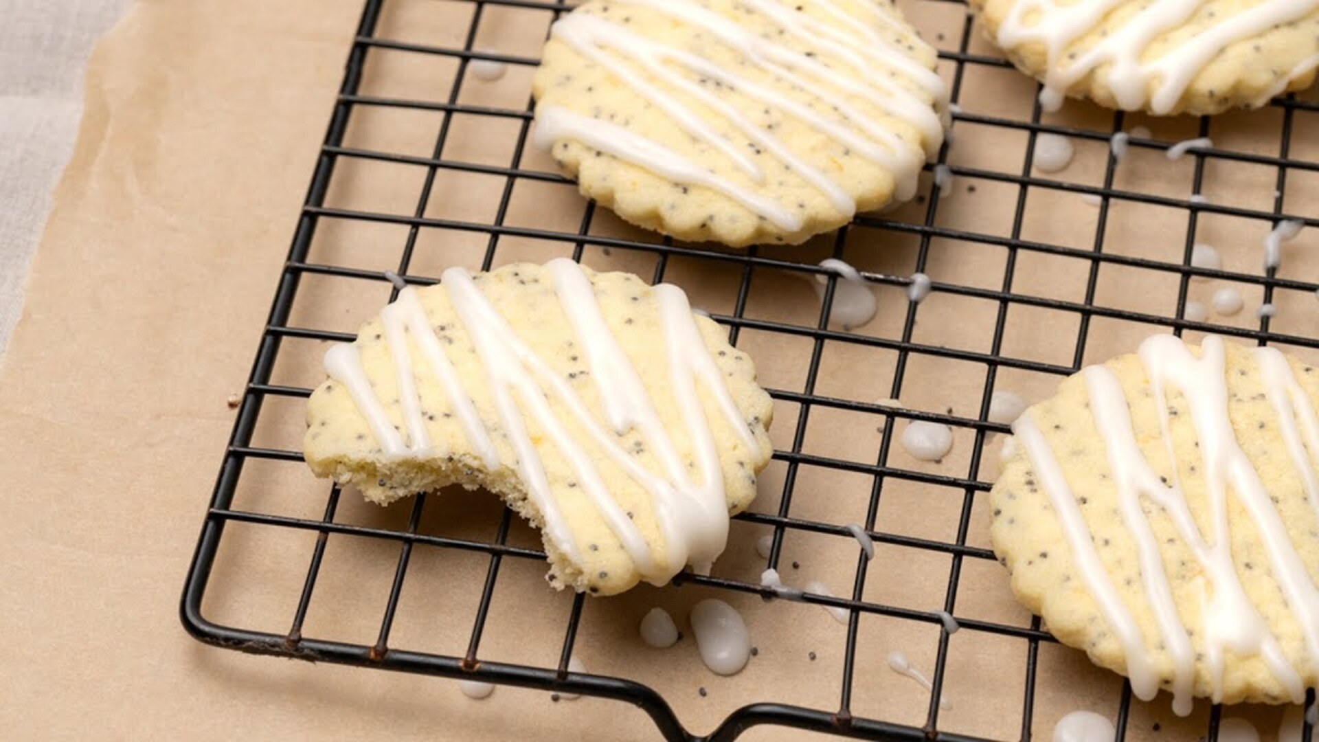 Video thumbnail for Iced Lemon Poppy Seed Shortbread Cookies Recipe
