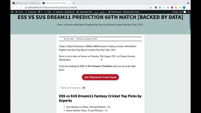 Video thumbnail for ESS VS SUS DREAM11 PREDICTION 60TH MATCH Essex vs Sussex Dream11 Team