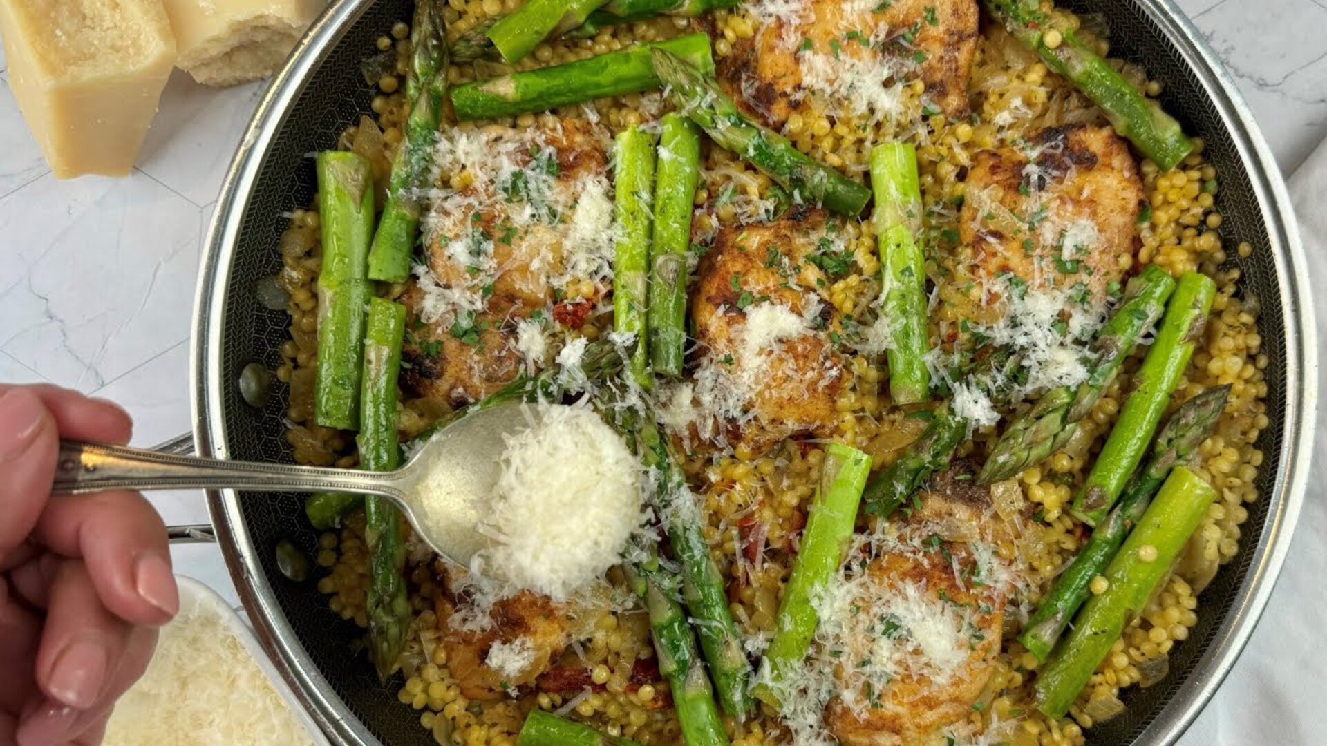 Video thumbnail for One-Pot Chicken Couscous With Parmesan And Asparagus Recipe