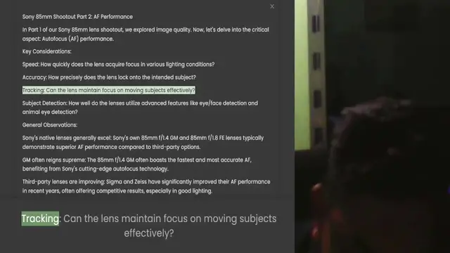 Video thumbnail for Sony 85mm Shootout Part 2 AF Performance In Part 1 of our Sony 85mm lens shootout, we explored image quality. Now, let's delve into the critical aspect Autofocus (AF) performance. Key Considerations Speed How quickly does the lens acquire