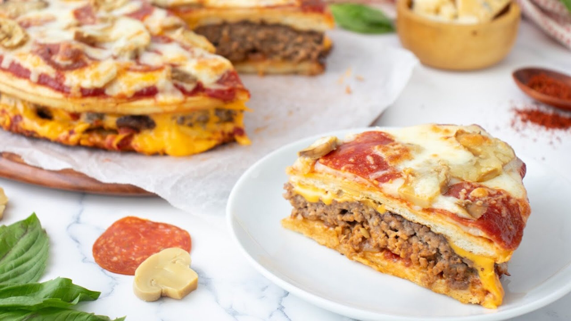 Video thumbnail for Monster Pepperoni And Mushroom Pizza Burger Recipe